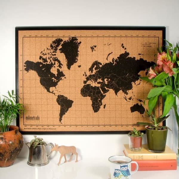 milimetrado Världskarta kork och träram Svart och brun 70x50 cm