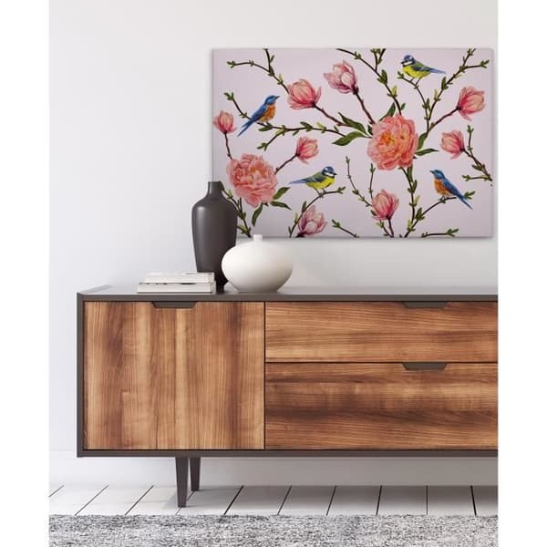 Canvastavla - Tadessi - M1-No.50012 - Blommor - Rosa - Grön - Fågel - 90 x 60 cm