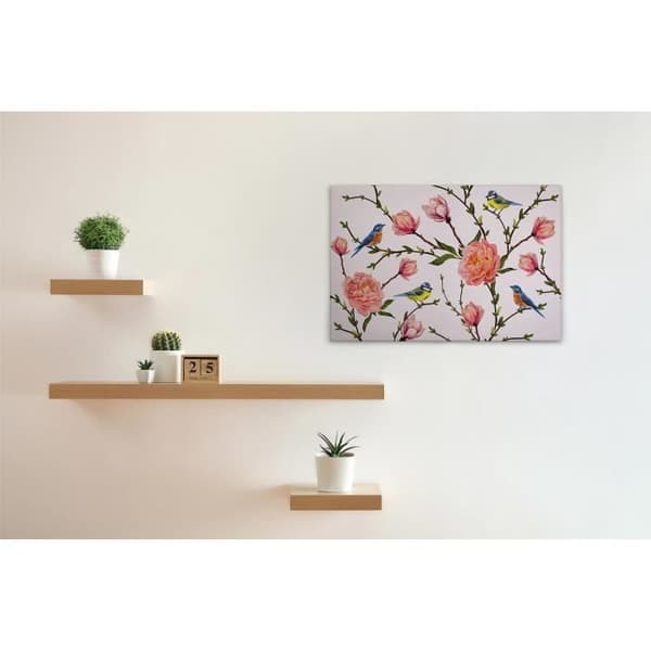 Canvastavla - Tadessi - M1-No.50012 - Blommor - Rosa - Grön - Fågel - 90 x 60 cm
