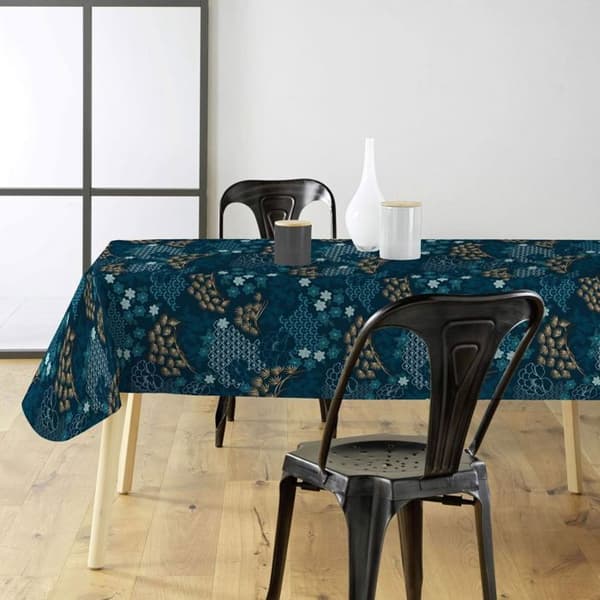 Vaxduk på metern - Bredd 140 cm - Blåa och gyllene blommor - blå bakgrund - Blå