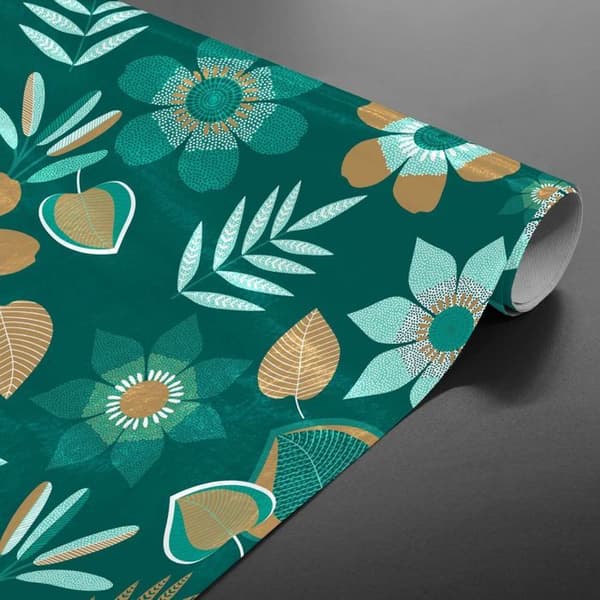 Vaxduk på metern - Bredd 140 cm - Blommor och blad - Grön