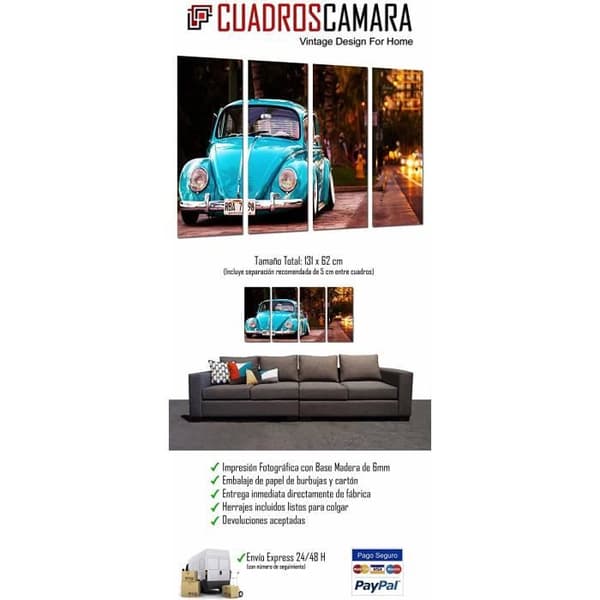 Moderna fotografiska tavla i trä Volkswagen Vintage Blå skalbagge 131 x 62 cm ref. 26715