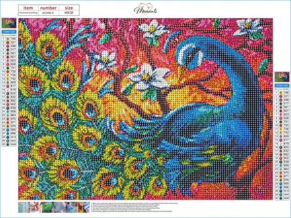 Diamantbroderi Magnolia og påfuglefjer 30x40 cm