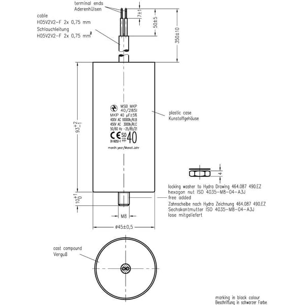Hydra MKP_285_MSB 40uF 45x93 1 st MKP Motorkondensator 40 µF 450 V/AC 5 % (Ø x L) 45 mm x 93 mm