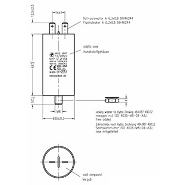Hydra MKP_285_MAB 12uF 35x68 1 st MKP Motorkondensator 12 µF 450 V/AC 5 % (Ø x L) 35 mm x 68 mm