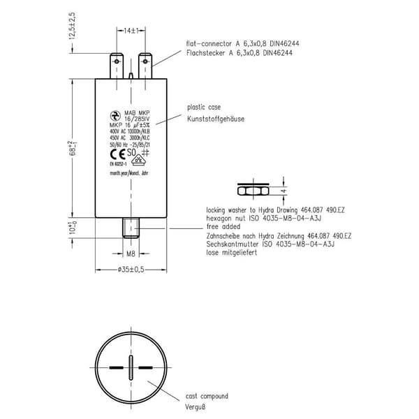 Hydra MKP_285_MAB 16uF 35x68 1 st MKP Motorkondensator 16 µF 450 V/AC 5 % (Ø x L) 35 mm x 68 mm