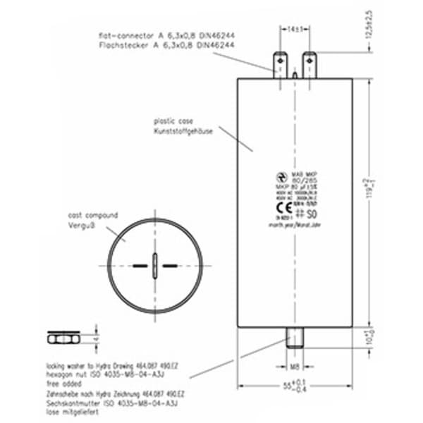 Hydra MKP_285_MAB 80uF 55x119 1 st MKP Motorkondensator 80 µF 450 V/AC 5 % (Ø x L) 55 mm x 119 mm