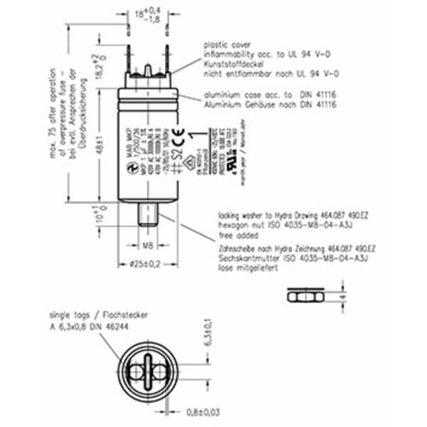 Hydra MKP_500_MAB 1uF 25x48 1 st MKP Motorkondensator Kontaktanslutning 1 µF 500 V/AC 5 % (Ø x L) 25 mm x 48 mm