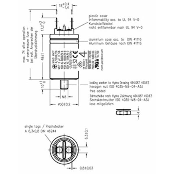 Hydra MKP_500_MAB 4uF 30x48 1 st MKP Motorkondensator Kontaktanslutning 4 µF 500 V/AC 5 % (Ø x L) 30 mm x 48 mm