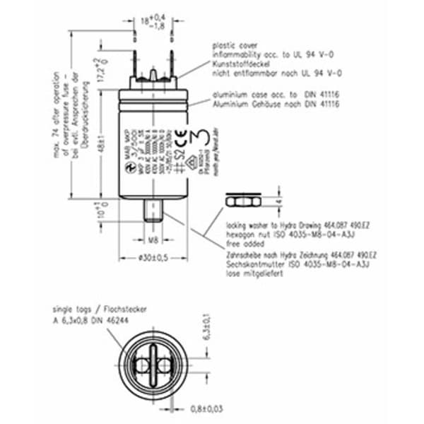 Hydra MKP_500_MAB 3uF 30x48 1 st MKP Motorkondensator Kontaktanslutning 3 µF 500 V/AC 5 % (Ø x L) 30 mm x 48 mm