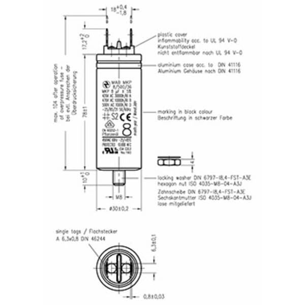 Hydra MKP_500_MAB 8uF 30x78 1 st MKP Motorkondensator Kontaktanslutning 8 µF 500 V/AC 5 % (Ø x L) 30 mm x 78 mm