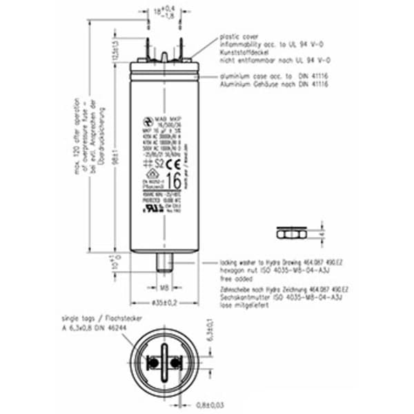 Hydra MKP_500_MAB 16uF 35x98 1 st MKP Motorkondensator Kontaktanslutning 16 µF 500 V/AC 5 % (Ø x L) 35 mm x 98 mm