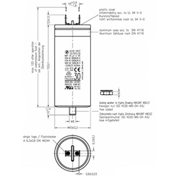 Hydra MKP_500_MAB 30uF 45x103 1 st MKP Motorkondensator Kontaktanslutning 30 µF 500 V/AC 5 % (Ø x L) 45 mm x 103 mm