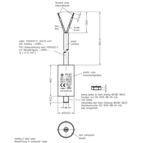 Hydra MKP_285_MSB 1uF 25x48 1 st MKP Motorkondensator 1 µF 400 V/AC 5 % (Ø x L) 25 mm x 48 mm