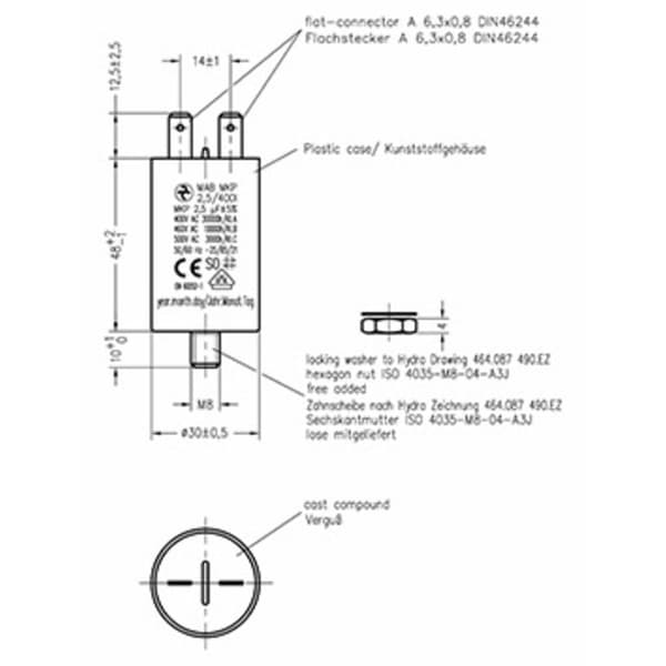 Hydra MKP_400_MAB 2.5uF 30x48 1 st MKP Motorkondensator Radialt hållmonterade 2.5 µF 500 V/AC 5 % (Ø x L) 30 mm x 48 mm