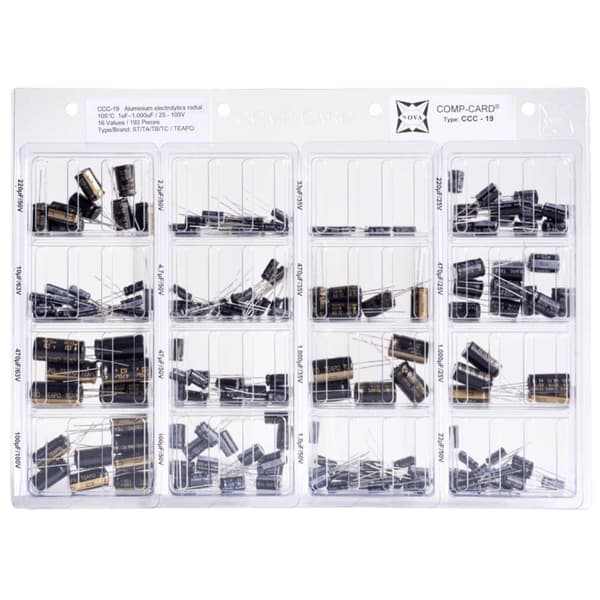 NOVA CCC-19 Elektrolyt-kondensator sortiment Radialt hållmonterade 25 V, 35 V, 50 V, 63 V, 100 V 20 % 193 delar