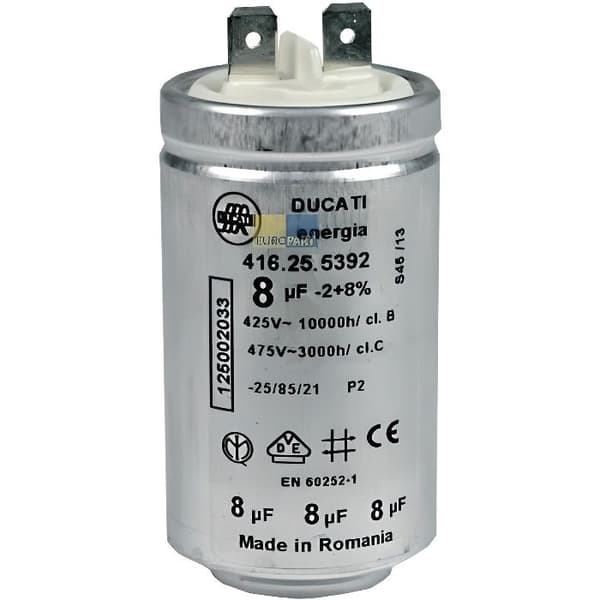 Motorkondensator kondensator 8 µF UF 450 V Ducati Energia 416.25.5392 med plug-in flaggor för Wäschetrocknern