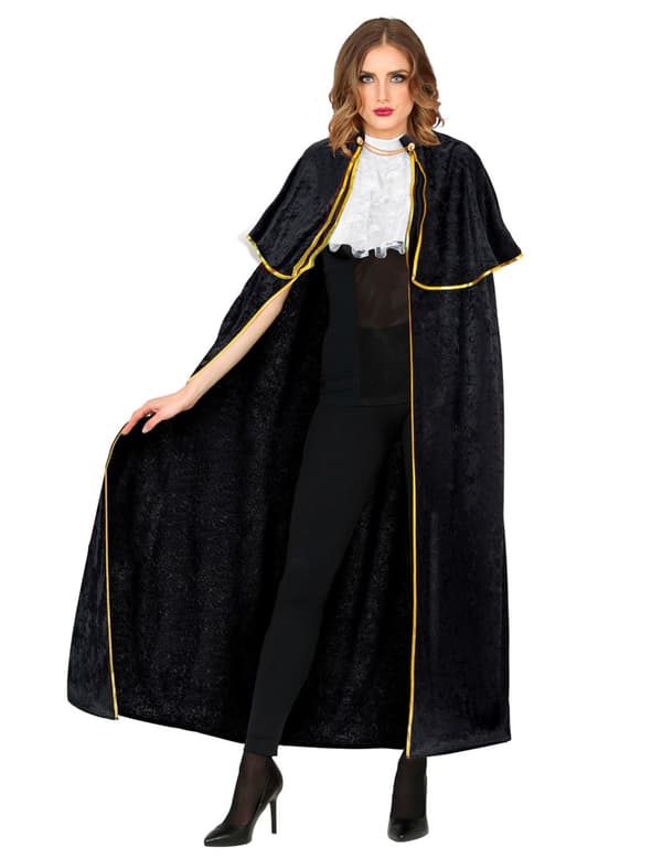 Venetsialaisen viettelijän musta viitta ja röyhelösolmio.Size-One size