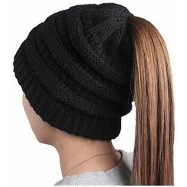 Girl Stretch Knit Hat Messy Bun Ponytail Beanie Holey Warm Hats