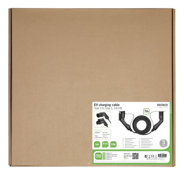 DELTACO e-Charge EV-ladekabel type 2 til type 1 - 16A - Opp til 3,6 kW - 7 meter