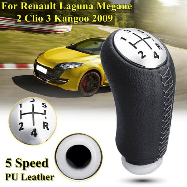 5-växlad växelknopp Shift PU-läder för RENAULT Laguna Megane 2 Clio 3 03-09 Kangoo 2009(svart, glansig mössa)