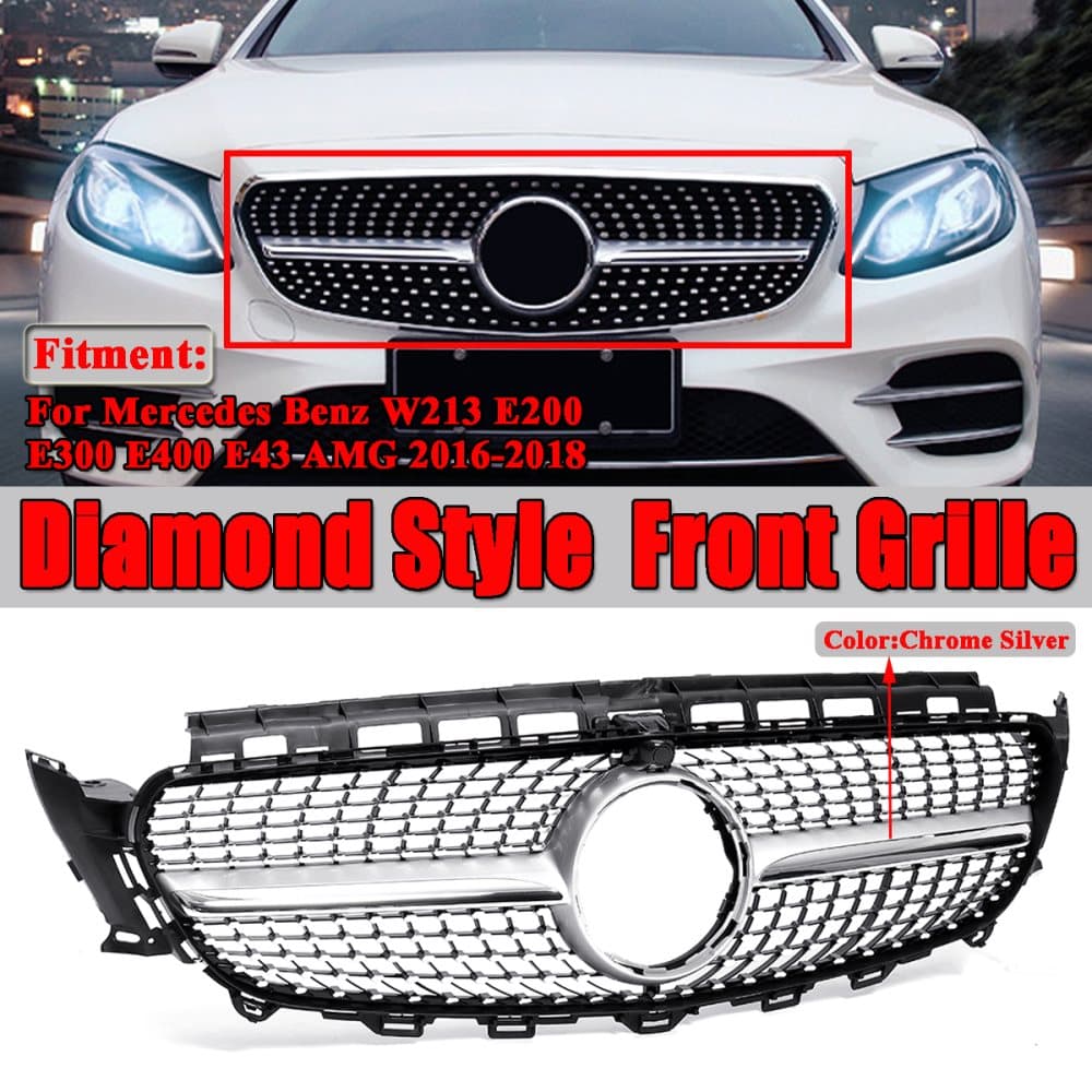 Diamantgaller Fram Svart Grill Stötfångargrill Lämplig för Mercedes Benz W213 E200 E300 E400 E43 AMG 2016-2018(Kromram)(Svart Chrome)