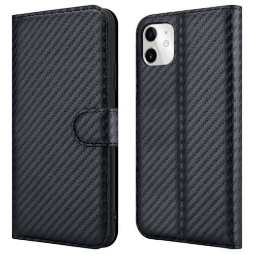Apple iPhone 11 (6.1") Leather Case Magnetic Wallet Cover + Tempered Glass (Black) Carbon Wallet