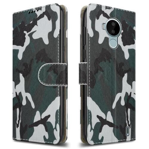 Nokia C30 Case Slim Leather Wallet Flip Stand Phone Cover + Tempered Glass (Camouflage Army Military Print)