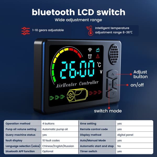 Hcalory 12V/24V 8KW Parkeringsvarmer LCD-knapkontakt og Bluetooth-fjernbetjening, mørkegrå, 2022-opgradering