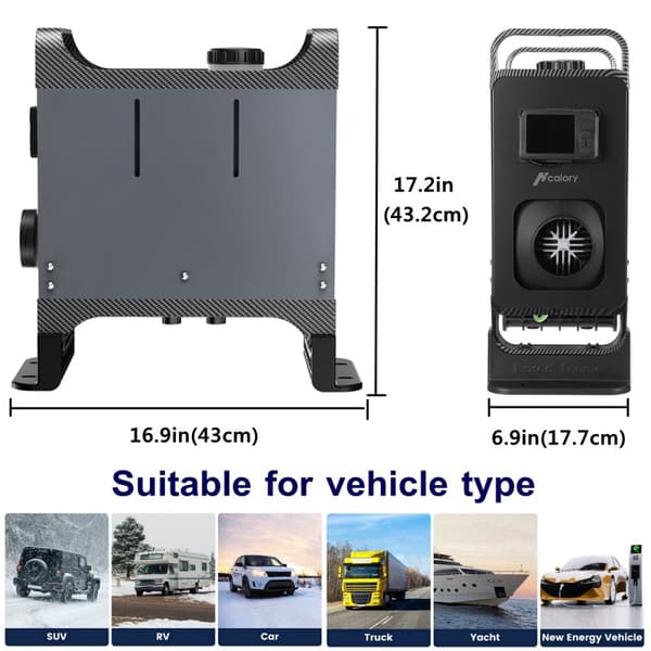Hcalory 12V/24V 8KW Parkeringsvarmer LCD-knapkontakt og Bluetooth-fjernbetjening, mørkegrå, 2022-opgradering