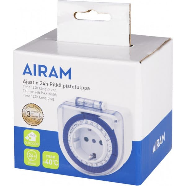 Airam TIDUR IP44, 24H, langt stikprop