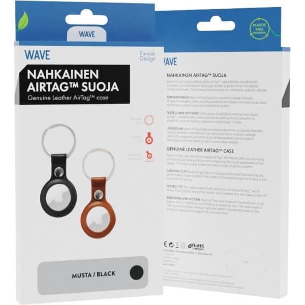 Wave Äkta läder nyckelskydd med nyckelring, Apple AirTag, svart