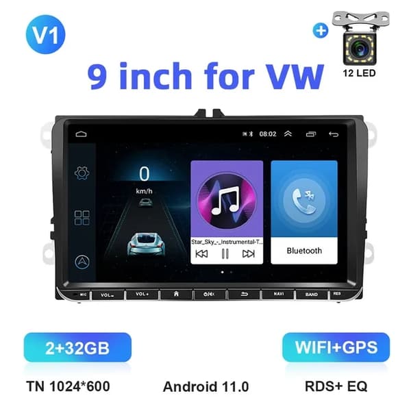 Carplay Android Auto bilradio, multimedieafspiller, GPS, V1 2 32G 12LED