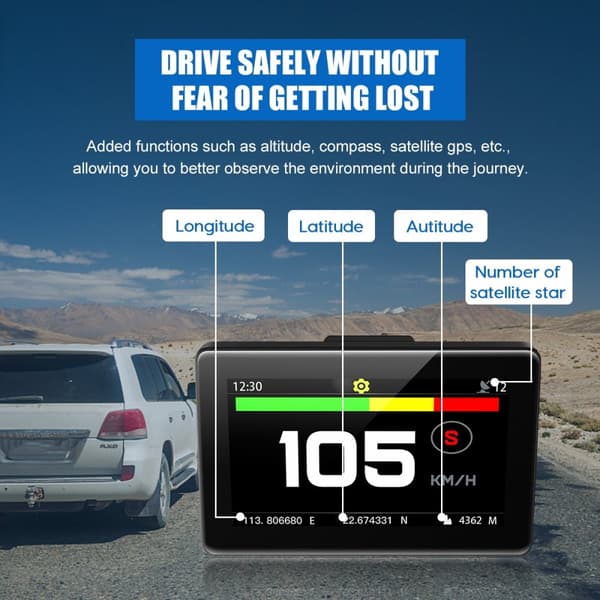 Bil hastighedsmåler, GPS satellitter, HUD Head Up Display