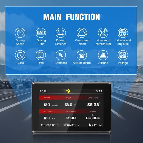 Bil hastighedsmåler, GPS satellitter, HUD Head Up Display