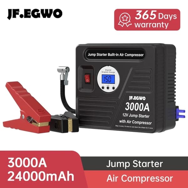 Bilstartkabler, Dækoppustningsapparat, Powerbank, 6000A
