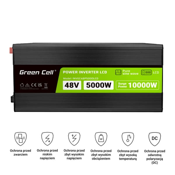 Green Cell - PowerInverter-jännitemuunnin LCD-näytöllä 48V - 230V 5000W/10000W Puhdas siniaalto