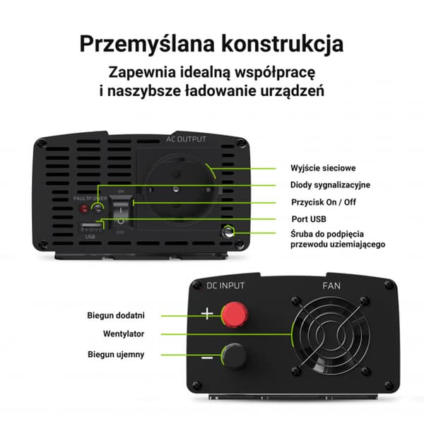 Green Cell - Spændingsomformer Inverter 24V til 230V 1000W/2000W Ren sinusbølge