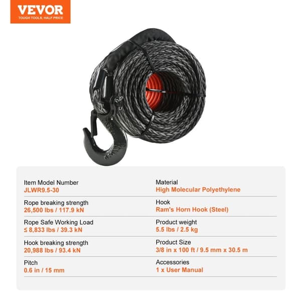 Vindespil reb, høj styrke, smedet krog, 26500lbs 100ft