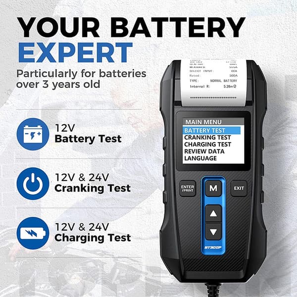 Batteritester, Udskriftsfunktion, Digital opladningstest, BT300P