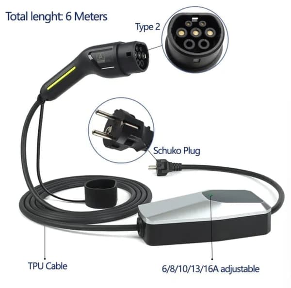 Ladekabel elbil -Type 2 opladningskabel til 1 fase op til 16A, 7-22 kW effekt.