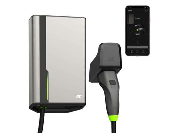 Green Cell GC HabuDen Wallbox 22kW 32A 7.5m kaapeli Tyyppi 2 Smart EV latausasema GC App Bluetooth WiFi:llä Grå