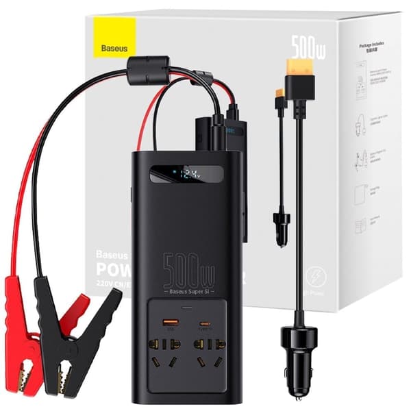 Baseus Car Inverter Converter 150W 12V / 500W 220V (EU og CN Plugg) Svart (CGNB000101) Sort
