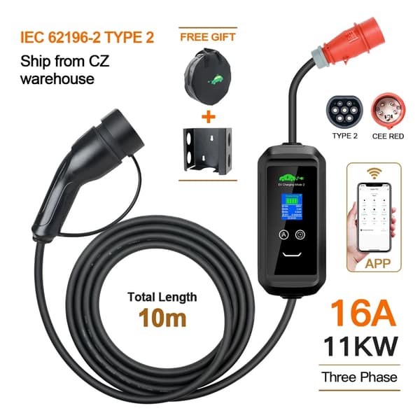 11KW Typ 2 EV-laddare, Justerbar Ström 6A-16A, 10m Kabel, IP66,11KW Med APP 10M