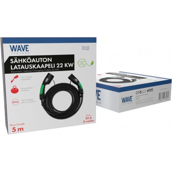 Wave EV 3-vaiheinen sähköauton latauskaapeli, 22 kW, 3 x 32 A, Type2, 5 m, musta