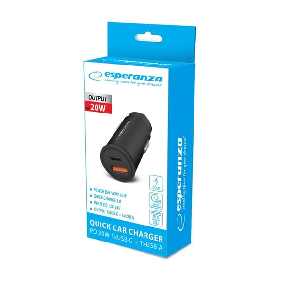 Esperanza EZC111K mobiloplader Smartphone, Tablet Sort USB Hurtigopladning Auto