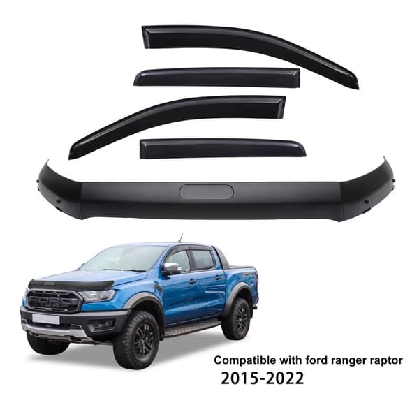 Bonnet Guard och Fönstervisir för Ford Ranger Raptor, Matt Svart, Lätt Installation,2015-2022