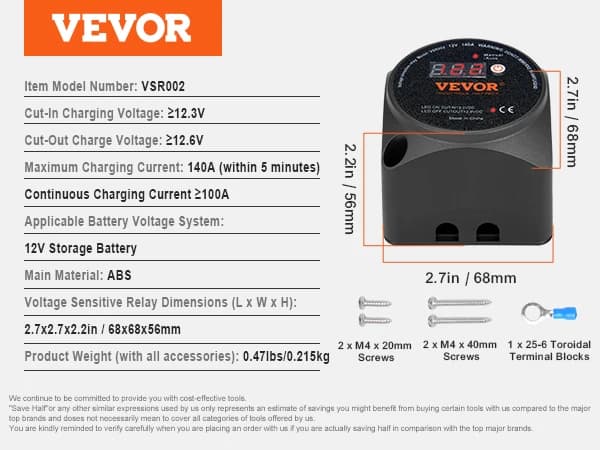 VEVOR Dual Battery Isolator Kit, 12V 140A, 12V/24V 250A,12V 140A