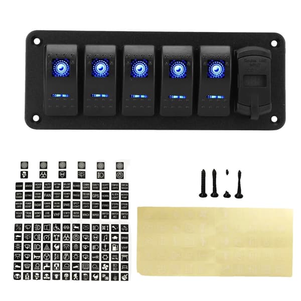5 Gang Rocker Switch Panel, Dobbelt USB-porte, LED Spændingsdisplay,A