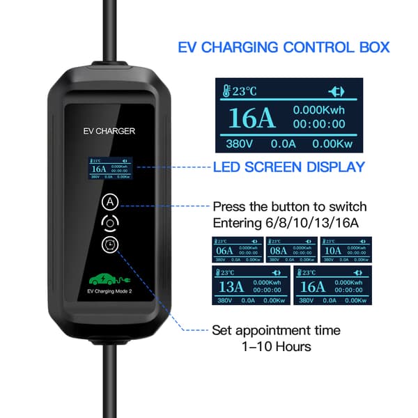Bærbar EV-lader, 11KW effektudgang, 10M kabel længde,TYPE2